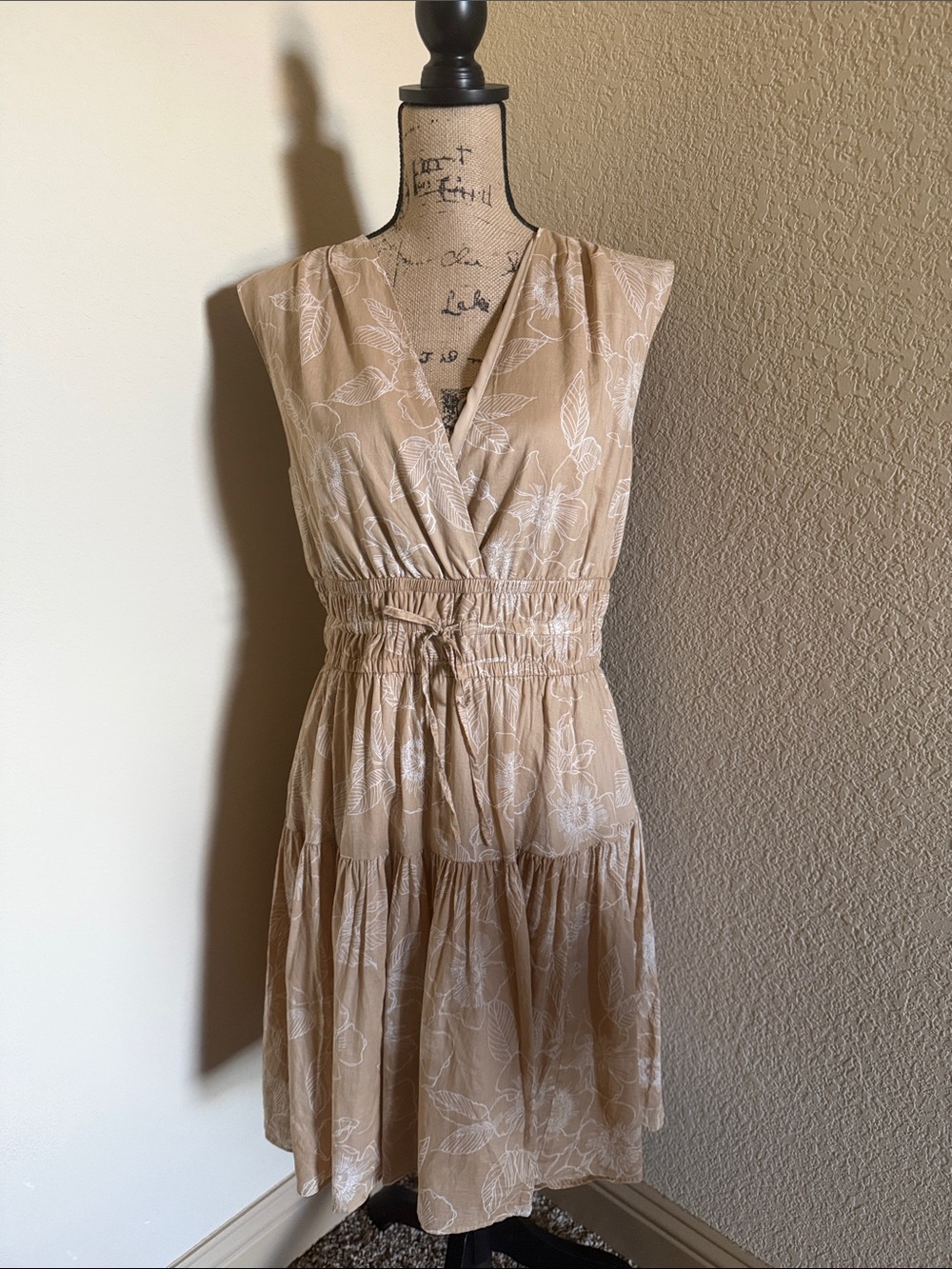 Sleeveless Beige Floral Tiered Dress